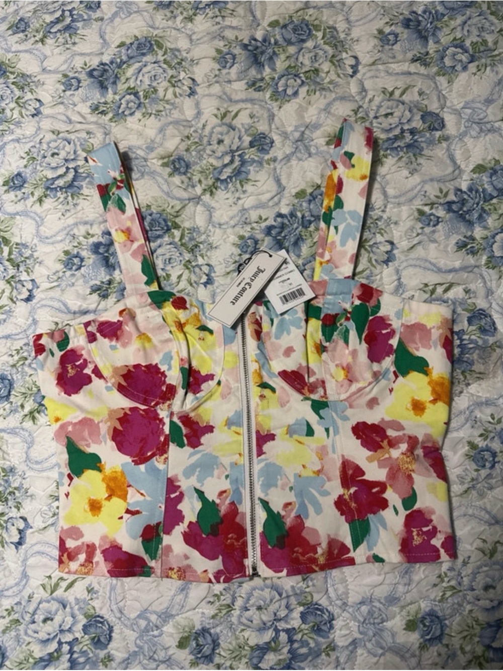 Juicy Couture White Floral-Trim Smocked Bustier Top